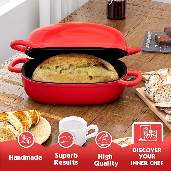 Dutch Oven for Bread Baking 9x6 Inch - 2.5QT Bread Pans for Homemade Bread Cast Iron Bread Pan Dutch Oven Loaf Pan with Lid and Loop Handles for Homemade Breadmaking, Red