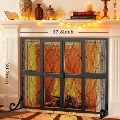 Fireplace Screen with Sliding Doors, 37.8" W x 30.7" H Modern Wrought Iron Spark Guard Cover for Christmas Decorative, Baby and Pet Proof, Large