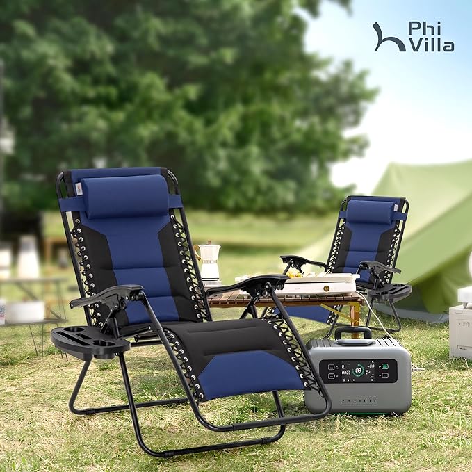 PHI VILLA Padded Zero Gravity Chair Set of 2, Cup Holder, 28in Seat, Supports - Image 2