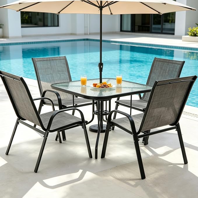 Patio Dining Table for 4 with Umbrella Hole | Outdoor 5 Piece Dining Set 36" x - Image 2