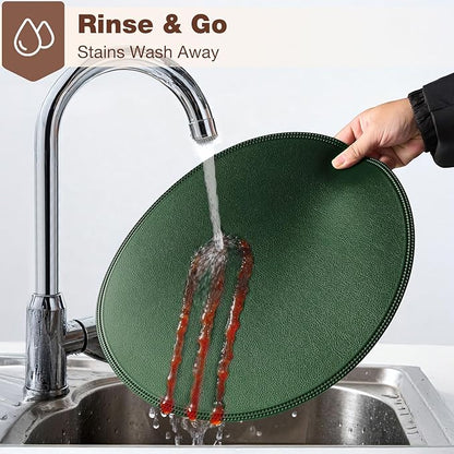 Round Vinyl Green Placemats Set of 6, Faux Leather Waterproof Wipeable Heat Resistant Place Mats, Washable Table Mats for Halloween, Thanksgiving & Christmas Dinner(Green)