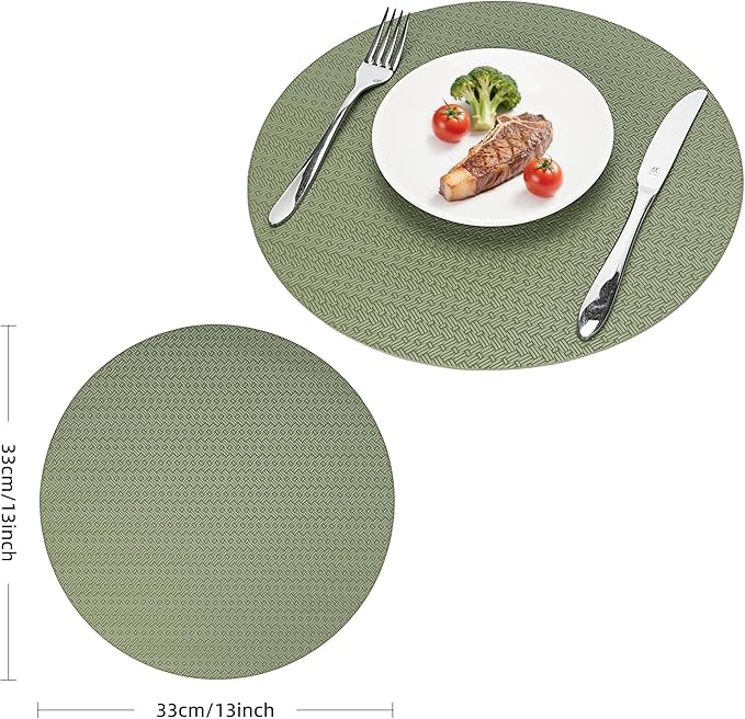 Round Faux Leather Placemats Set of 4 – 13 Inch Vinyl Table Mats, Heat Resistant, Non Slip, Wipeable & Washable, Easy to Clean Dining Table Decor for Kitchen & Dining Room（Olive Green）