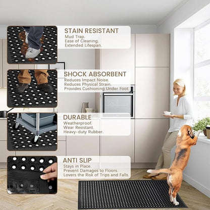 Restaurant Anti Fatigue Mat, Outdoor Rubber Floor Bar Mat, 36"X60" Non-Slip Kitchen Commercial Mat with Drainage for Garage, Entryway, Kitchen, Bar, Black