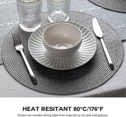 Round Placemats Set of 4 Plastic Woven Placemats Washable Wipeable Table Mats for Dining Table Heat Resistant Non-Slip Circle Place Mats (Gray)