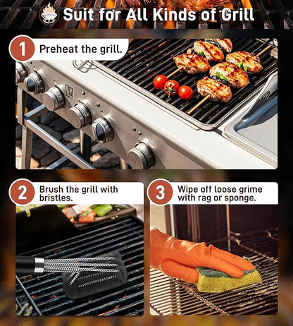 BBQ Grill Cleaning Brush, Heavy Duty Grill Cleaning Brush for Outdoor Grill, 3-Branch Stainless Steel Bristles Cleaner for Easier and Effective Clean, BBQ Tools for Gas/Charcoal Grilling Grates