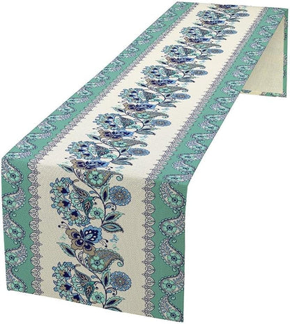 Paisley Table Runner, Vintage Teal Damask Floral Flower Boho Antique Damask Swirled Pattern Rustic Coffee Table Center Decor for Family Kitchen and Living Room Outdoor Table Decorations, 13"x36"