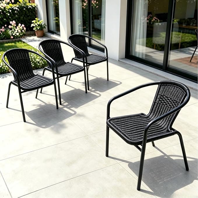 8 Pack Black Stackable Outdoor Rattan Chairs, All-Weather Patio Seating - Image 3