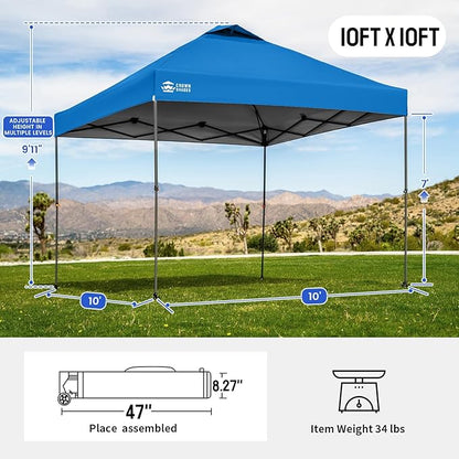 CROWN SHADES Adjustable Height on The Fly, 10x10 Pop Up Canopy - Beach Tent with One Push Setup - Easy Outdoor Sun Shade for Events, Parties, Camping - Outside Shade with STO-N-Go Bag, Blue