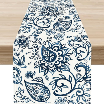 Blue Paisley Table Runner, Vintage Damask Antique Floral Flower Boho Damask Swirled Rustic Coffee Table Center Decor for Family Kitchen and Living Room Outdoor Table Decorations, 13"x72"
