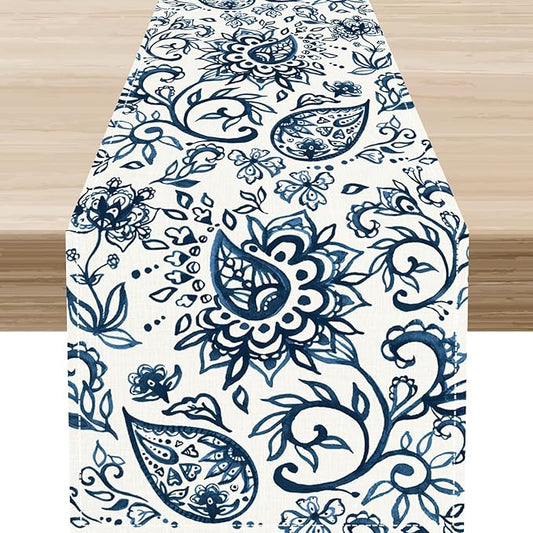Blue Paisley Table Runner, Vintage Damask Antique Floral Flower Boho Damask Swirled Rustic Coffee Table Center Decor for Family Kitchen and Living Room Outdoor Table Decorations, 13"x90"