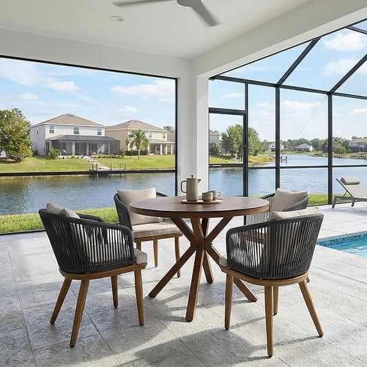 PURPLE LEAF 5 Pieces Patio Dining Set Wicker Outdoor Furniture Round Table and Chairs Set for Garden Deck Teak-Finish Aluminum Frame Backyard Kitchen Set, Cushions and Pillows Included