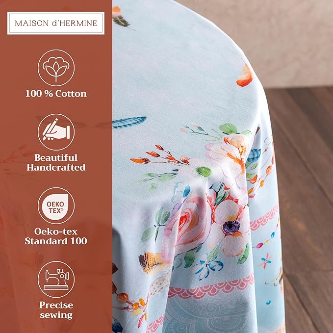 Maison d' Hermine Table Cloth Round Table 100% Cotton 63 Inches Tablecloth Reusable Decorative Everyday Use for Dining Room, Farmhouse, Home, Party, Festive & Wedding Spring Summer - Ibiza