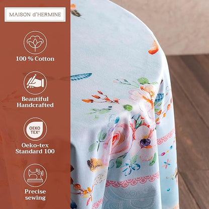 Maison d' Hermine Table Cloth Round Table 100% Cotton 63 Inches Tablecloth Reusable Decorative Everyday Use for Dining Room, Farmhouse, Home, Party, Festive & Wedding Spring Summer - Ibiza