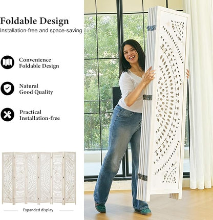 Room Divider Wood Carved Wall Divider Indoor Folding Bohemian Style Portable Partition Screen for Home Office Garden Terrace - 6 Panels (Antique, White-Washed)