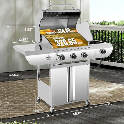 R.W.FLAME 3-Burner Propane Gas Grill With Sider Burner, Stainless Steel Propane Grill 34,000BTU, Multifunction & Protable Outdoor Barbecue Grill with Casters for Camping & Parties