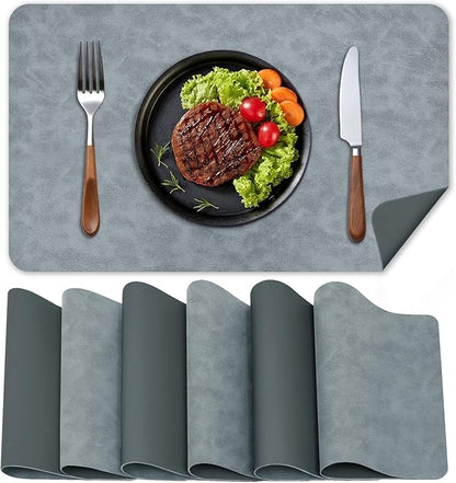 BLESWIN Faux Leather Placemats, PU Dining Table, Waterproof and Oil Resistant Easy to Clean, Heat Resistant Reversible Use Table Mats for Kitchen, Dining Table, Outdoor – 12 × 17 Inch, Grey&Dark Grey