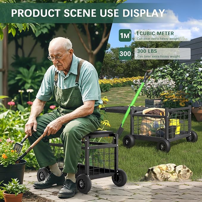 Garden Cart with Seat, 3-in-1 Rolling Seat with Wheels - Image 3
