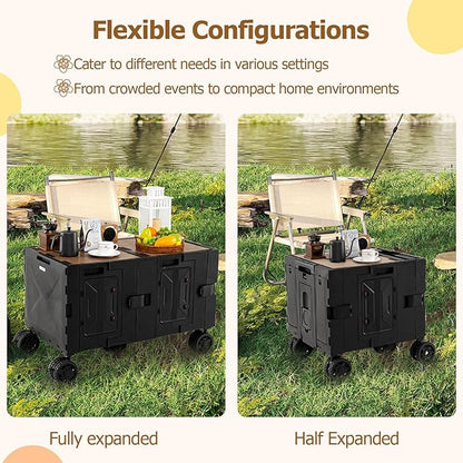 Goplus Large Foldable Utility Cart w/ 2-Tier Storage Crates, 5 Rotate Wheels, Metal Telescoping Handle, Portable Rolling Trolley Collapsible Cart for Grocery Shopping Camping & Travel