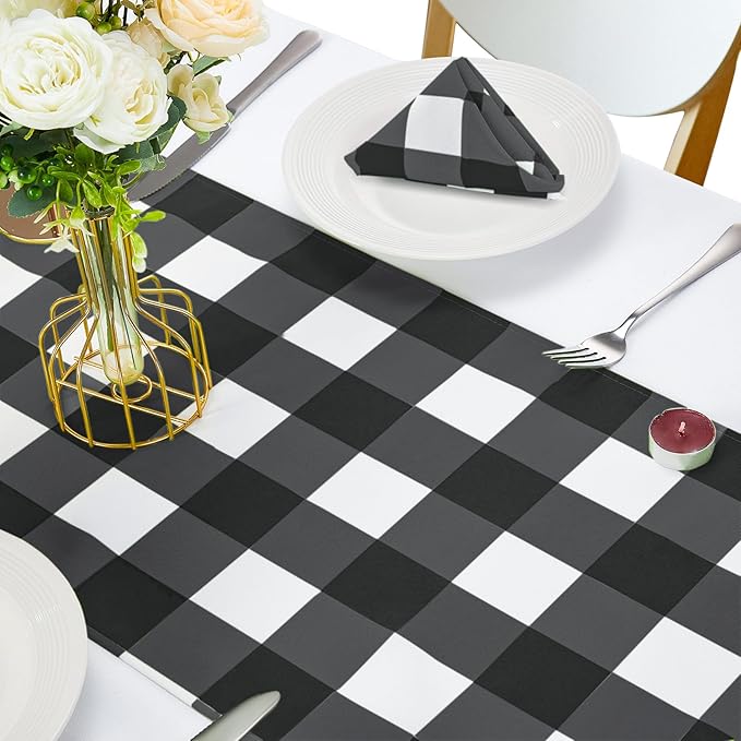 Fabric Checkered Table Runner 12 Pack Waterproof Gingham Table Runner 14W x 108L Buffalo Check Table Runners for Parties Kitchen Dining Wedding Banquet (Black and White)