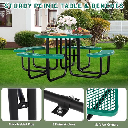46'' Round Metal Picnic Table for Outdoors, Commercial Steel Metal Picnic Tables, Heavy Duty Sturdy Picnic Tables Furniture Set for Patio Garden Courtyard BBQ, with Umbrella Hole, Green