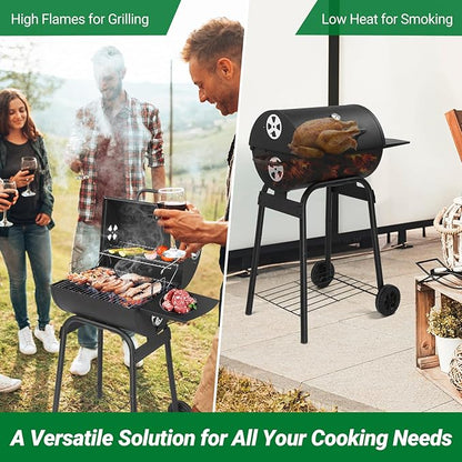 Outvita Barrel Charcoal Grill with Warming Rack, Outdoor BBQ Grill with Side Table with Nearly 268 Sq.In. Cooking Grid Area for Backyard Patio Picnic Parties Camping, Black