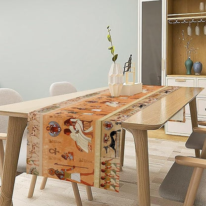 Ancient Table Runner, Mythology Egyptian Gods Pharaohs Antique Golden Hieroglyphs Print Pattern Table Runner for Dining Bedroom Kitchen Party Outdoor 13x36in