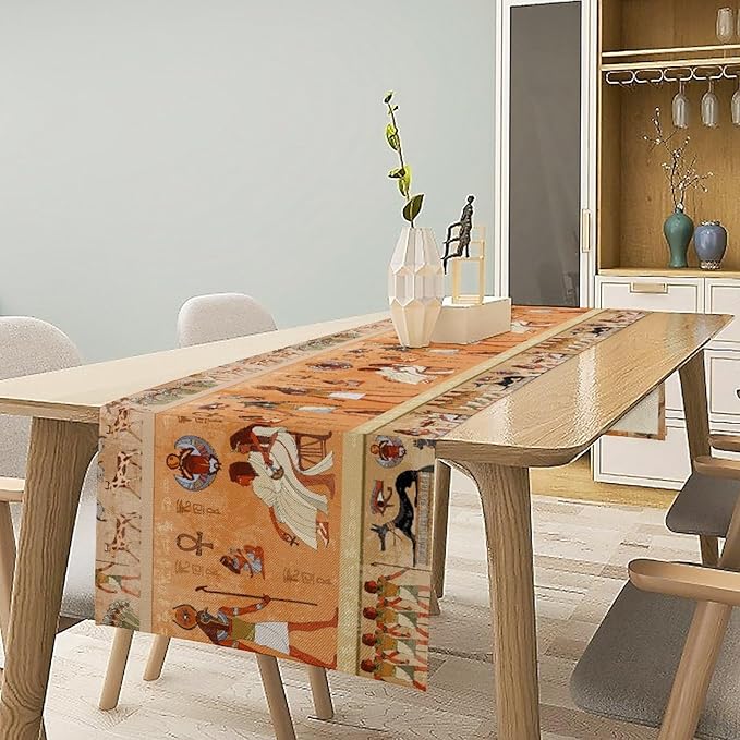 Ancient Table Runner, Mythology Egyptian Gods Pharaohs Antique Golden Hieroglyphs Print Pattern Table Runner for Dining Bedroom Kitchen Party Outdoor 13x120in