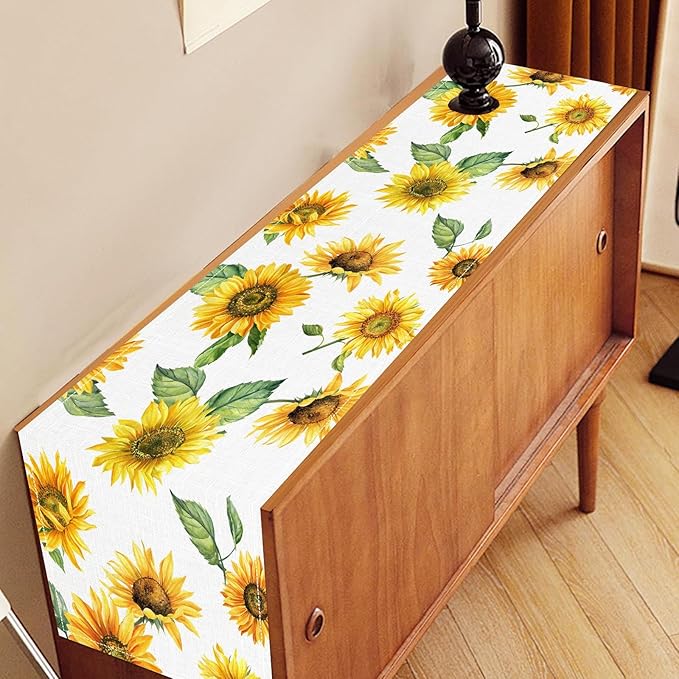Sunfloral Table Runner, Summer Spring Seasonal Watercolor Sunshine Yellow Floral Sunflower Decorations Rustic Farmhouse Table Center Decor for Home Kitchen Dining Patio Indoor Outdoor, 13"x72" Inch