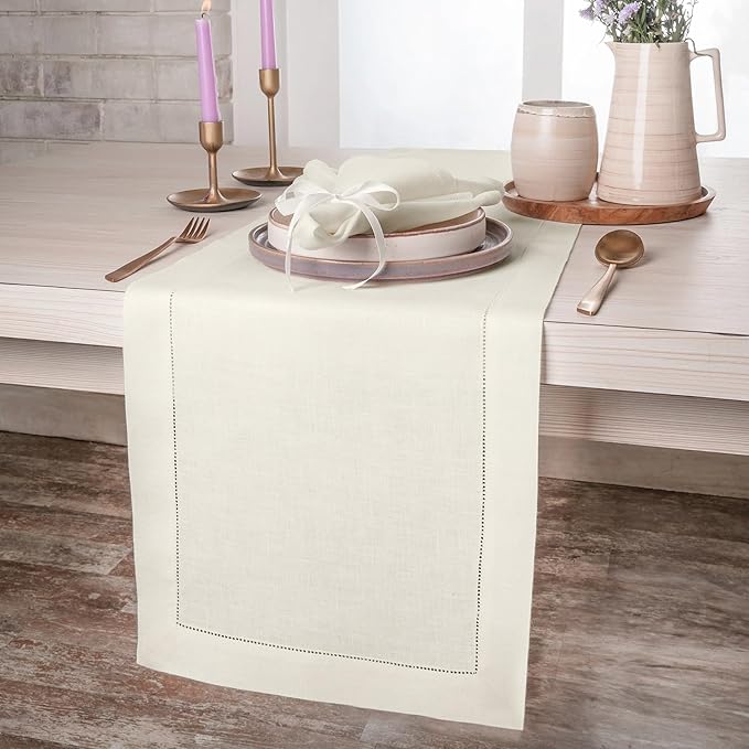 D'Moksha Homes Linen Ivory Table Runner 72 Inches Long - 100% Pure Linen Hemstitch Table Runner 14 x 72 Inch for Dresser, Dining, Valentines, Spring, Easter - Classic Hemstitch