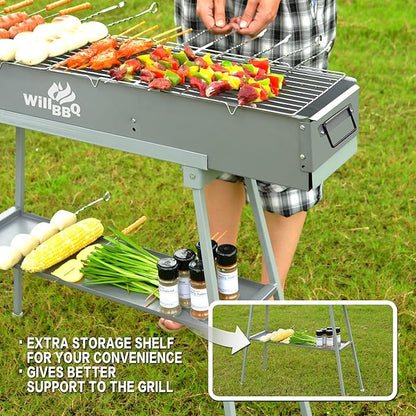 WILLBBQ Charcoal Grills Commercial Quality Portable Hibachi BBQ Lamb Skewer Folded Camping Barbecue Grill for Camping(31.6x7.1x5.1inch With Accessories) - The Perfect Gifts for Grill Lovers