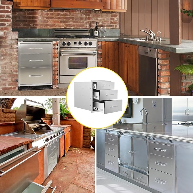 Outdoor Kitchen Drawers 18" W x 21" H x 23" D Flush Mount Triple BBQ Drawers with Chrome Handle Stainless Steel Drawer for Outdoor Kitchen Island, Patio Grill Station