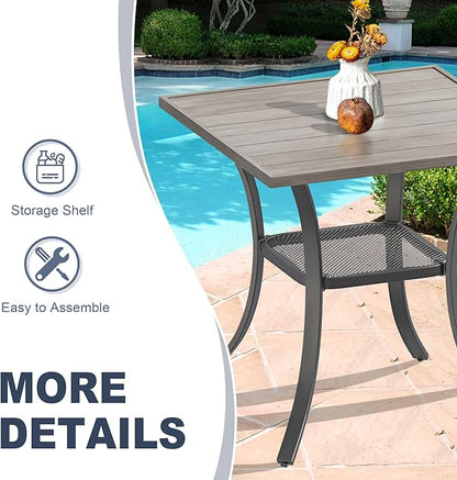 VICLLAX Patio Dining Table, Square Table Metal Outdoor Bistro Table with Rack for Balcony Garden Deck, 28inch Grey