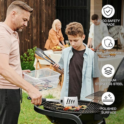 Griddle Accessories Kit - Grilling Accessories, Stainless Steel Heavy Duty Grill Tools Set with Spatula, Fork, Tongs, Brush and Gift-Box for Outdoor Barbecue, Home Grill (4PCS)