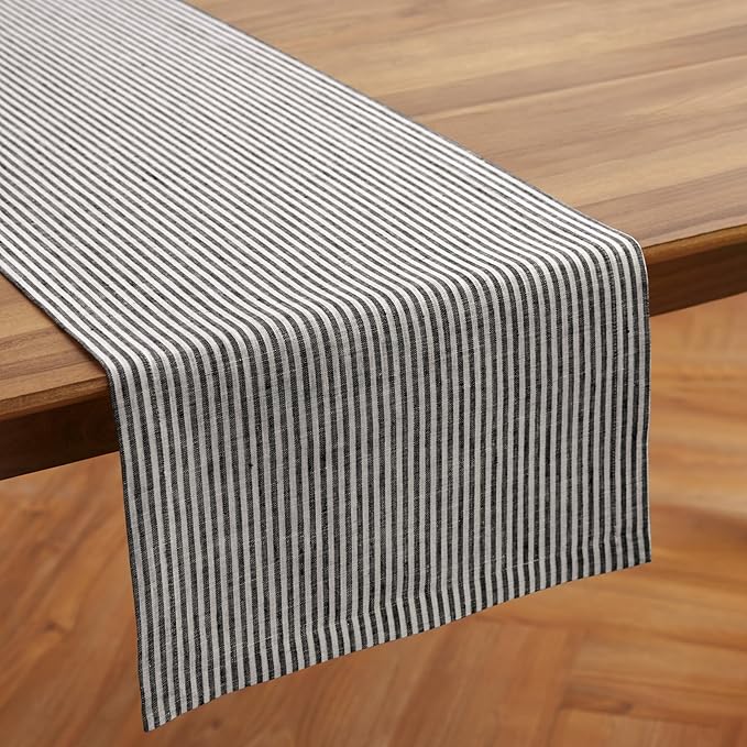 Solino Home Linen Table Runner 90 Inches Long - Narrow Stripe, 100% Pure Linen Black and White Farmhouse Table Runner 14 x 90 Inch for Dining, Winter, Spring, Easter