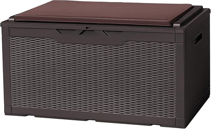 Flamaker Deck Box with Cushion 100 Gallon Waterproof Resin Storage Box with Air Rod Indoor Outdoor Lockable Storage Bench for Patio Furniture, Tools, Pool Accessories (Deep Brown)