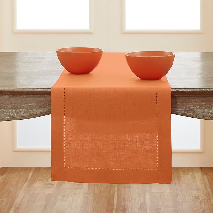 Solino Home Linen Pumpkin Hemstitch Table Runner 36 Inches - 100% Pure Linen Small Table Runner 14 x 36 Inch Ideal for Dresser and Coffee Tables - Classic Hemstitch