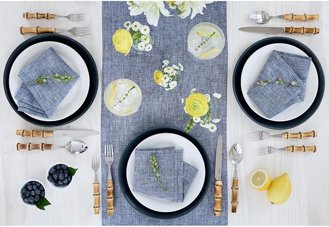 Solino Home Linen Table Runner 144 Inches Long - Athena, 100% Pure Linen Chambray Indigo 14 x 144 Inch Table Runner for Dining, Spring, Easter
