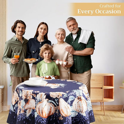 Maison d' Hermine Table Cloth Round Table 100% Cotton 63 Inches Fall Tablecloth Reusable Everyday Use for Thanksgiving Christmas Decorations Dining Farmhouse Party (Pumpkin Blues)