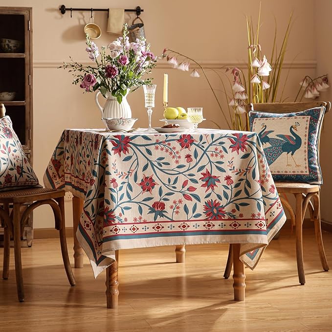 Designer Linen Rectangle Tablecloth,Vintage William Morris Wrinkle Resistant Floral Table Cloth,Decor Table Cover for Kitchen,Dining,Thanksgiving,Christmas,Party,55"*87"-Dorodango B