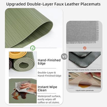 Round Faux Leather Placemats Set of 4 – 13 Inch Vinyl Table Mats, Heat Resistant, Non Slip, Wipeable & Washable, Easy to Clean Dining Table Decor for Kitchen & Dining Room（Olive Green）