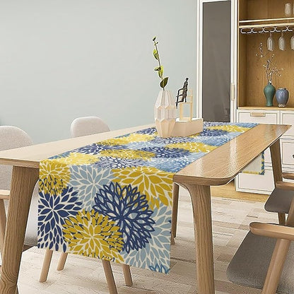 Dahlia Flower Table Runner,Blue Yellow Floral Print Table Runner for Kitchen Dining Table Dinner Holiday Home Party Indoor Outdoor Decor 13x70in