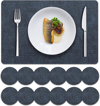 MOSAYT Faux Leather Placemats Set of 12, Heat Resistant Vinyl Place Mats with Coasters, Wipeable Washable 100% Waterproof Oil Proof Table Mats for Kitchen Dining Indoor Outdoor, 12" x 17", Navy Blue