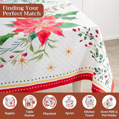 Maison d' Hermine Table Cloth Rectangle Table 100% Cotton 54 x 72 Inches Fall Tablecloth Reusable Everyday Use for Thanksgiving Christmas Decorations Dining Farmhouse Party (Poinsettia Christmas)