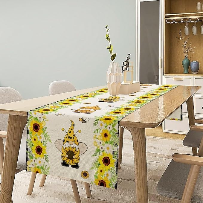 Summer Sunflower Gnome Table Runner, Buffalo Plaid Bee Farmhouse Seasonal Table Decoration for Outdoor Home Party Kitchen Dining Holiday 13x70in