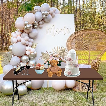 6 Pack Stretch Fabric Table Top Cap Cover, fits 8' Tables, Spandex Table Covers Washable Elastic Rectangle Tablecloth Protector for Indoor Outdoor Party Picnic Wedding, Coffee, 30" W x 96" L