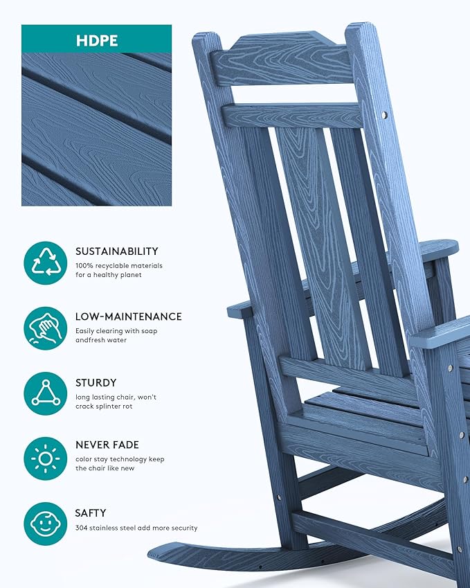 SERWALL Oversized Outdoor Rocking Chair, Patio Rocking Chair, Unique Blue | - Image 6