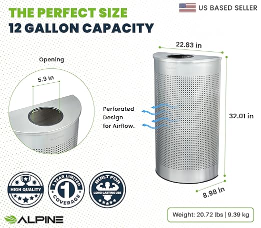 Alpine Half Round Trash Can Open Top - Modern 12 Gallon Stainless Steel Space Saving Indoor Commercial Trash Can, Narrow Garbage Can for Bathroom. Office, Lobby and Business.