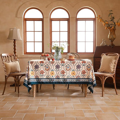 Vintage French Rectangular Tablecloth,Linen Extra Long Tablecloth with Rose and Cornflower Pattern,Decor Table Cover for Kitchen,Dining,Thanksgiving,Tea Party,63" × 110"-Lanae