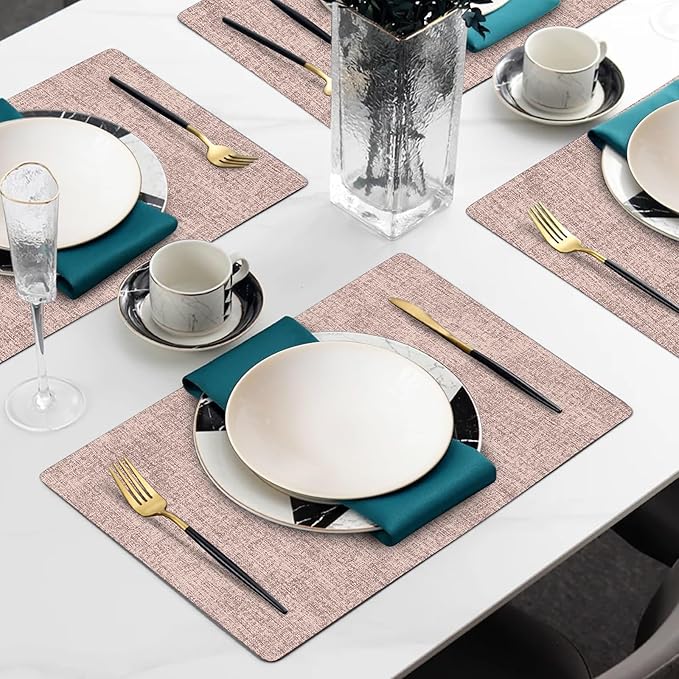 Faux Leather Heat Resistant Placemats Set of 4 – Waterproof Oilproof Wipeable Dining PU Vinyl Place Mat Easy Clean Table Mats for Kitchen/Dining/Party/Holiday, Pink
