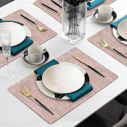 Faux Leather Heat Resistant Placemats Set of 4 – Waterproof Oilproof Wipeable Dining PU Vinyl Place Mat Easy Clean Table Mats for Kitchen/Dining/Party/Holiday, Pink